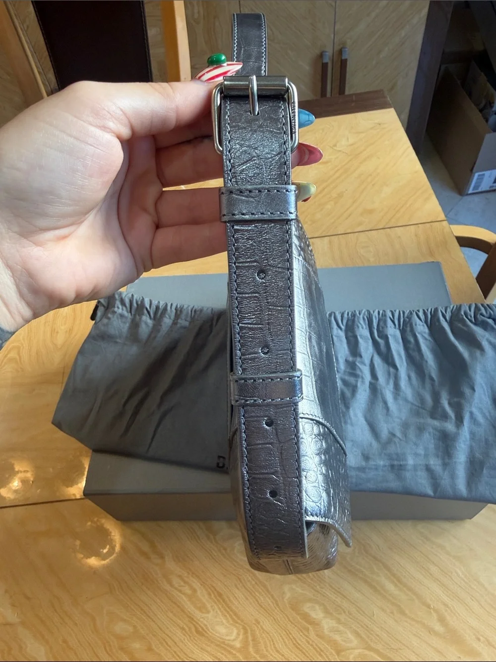 Balenciaga dark metallic Croc-Embossed Leather bag